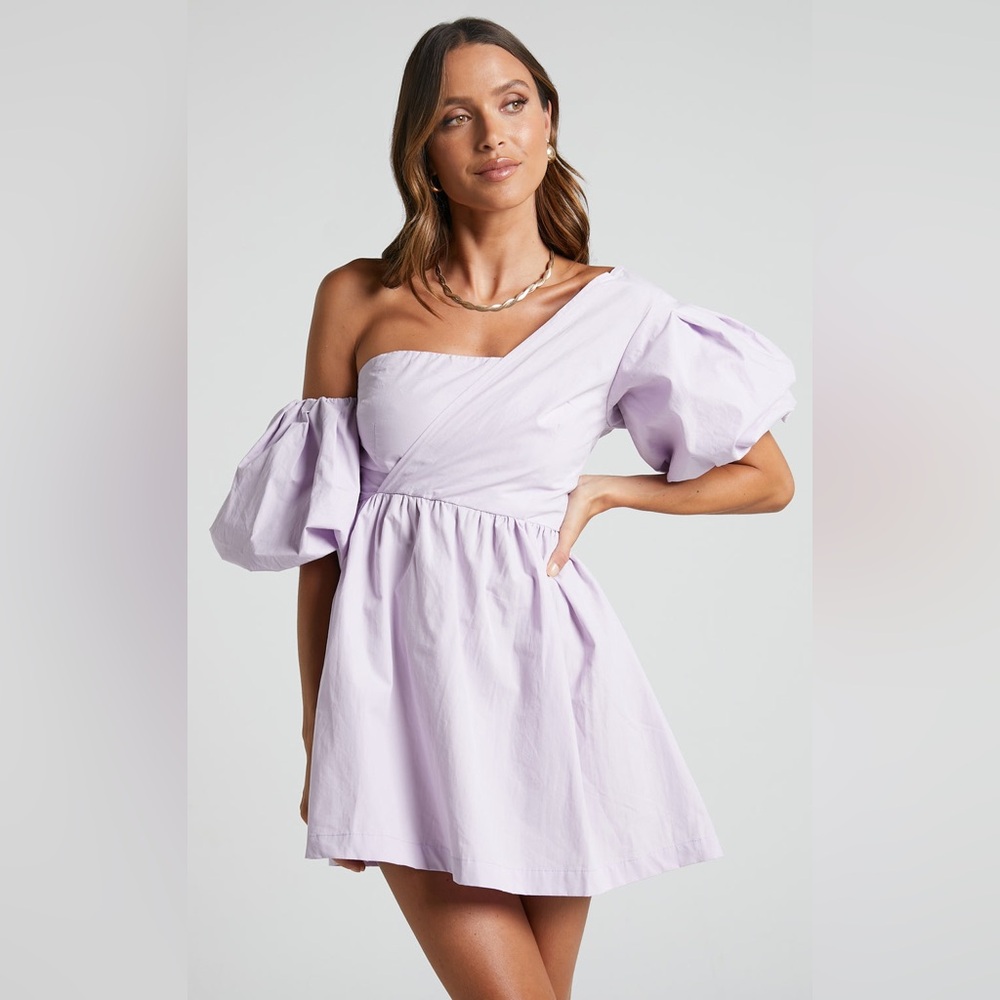Showpo Lilac One-Shoulder Puff Sleeve Mini Dress